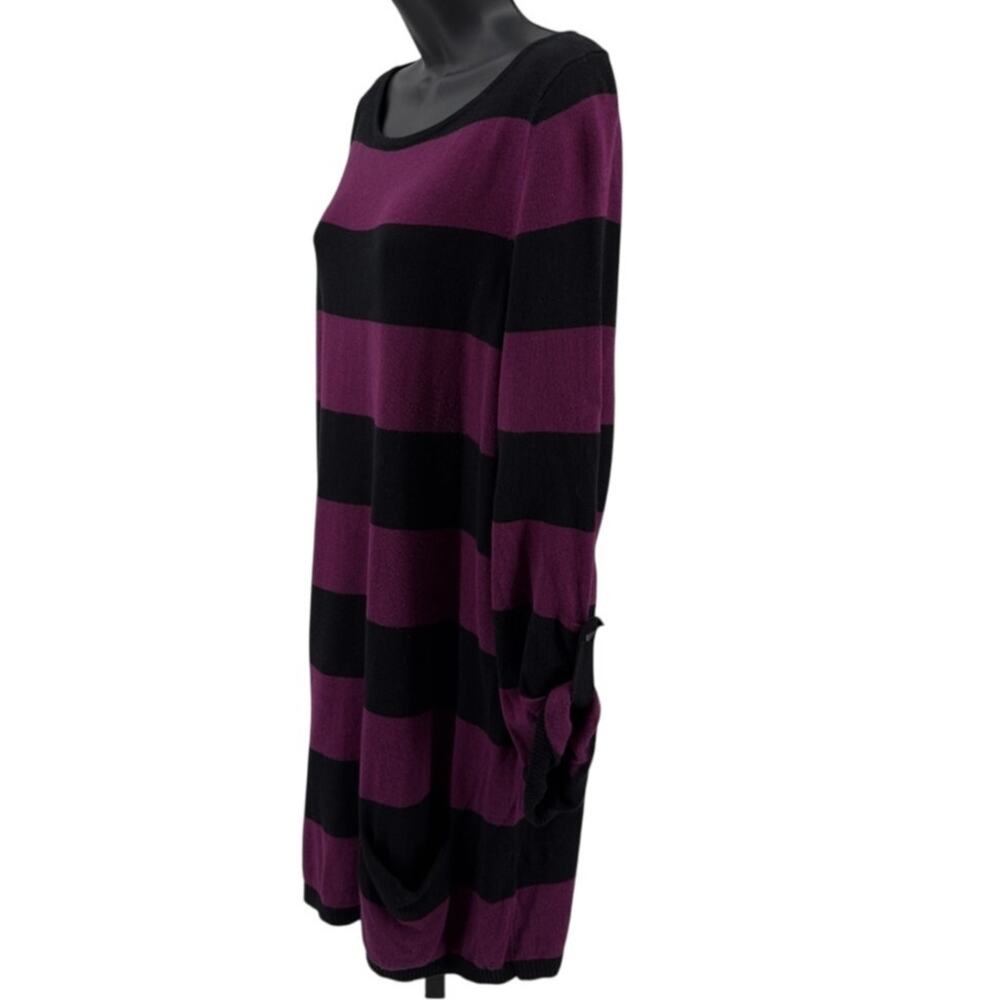 Caslon Sweater Tunic Womens L Berry Black Striped Roll Tab Sleeves Knit Pullover - Picture 5 of 7